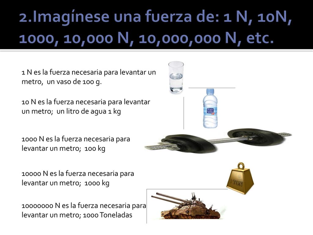 2.Imagínese una fuerza de: 1 N, 10N, 1000, 10,000 N, 10,000,000 N, etc.