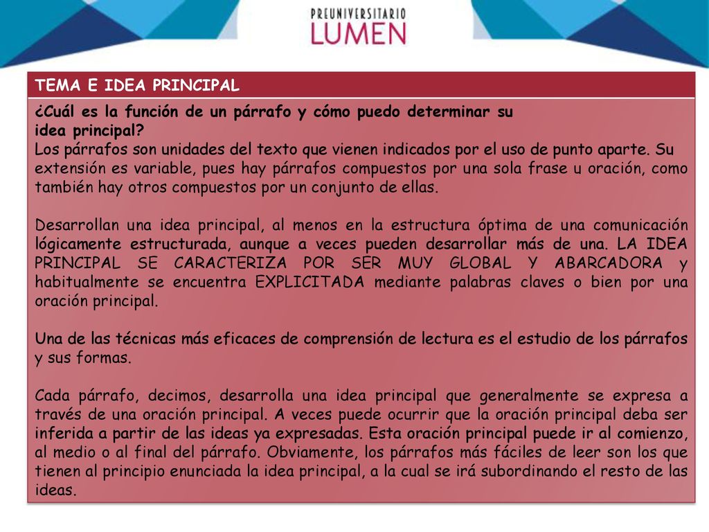 TEMA E IDEA PRINCIPAL ¿Cuál es la función de un párrafo y cómo puedo determinar su. idea principal