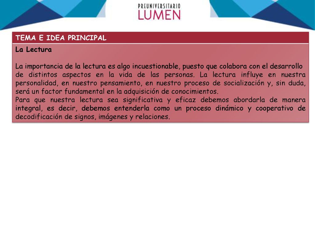 TEMA E IDEA PRINCIPAL La Lectura. La importancia de la lectura es algo incuestionable, puesto que colabora con el desarrollo.