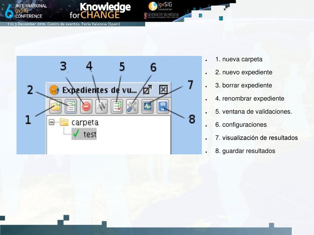 1. nueva carpeta 2. nuevo expediente. 3. borrar expediente. 4. renombrar expediente. 5. ventana de validaciones.