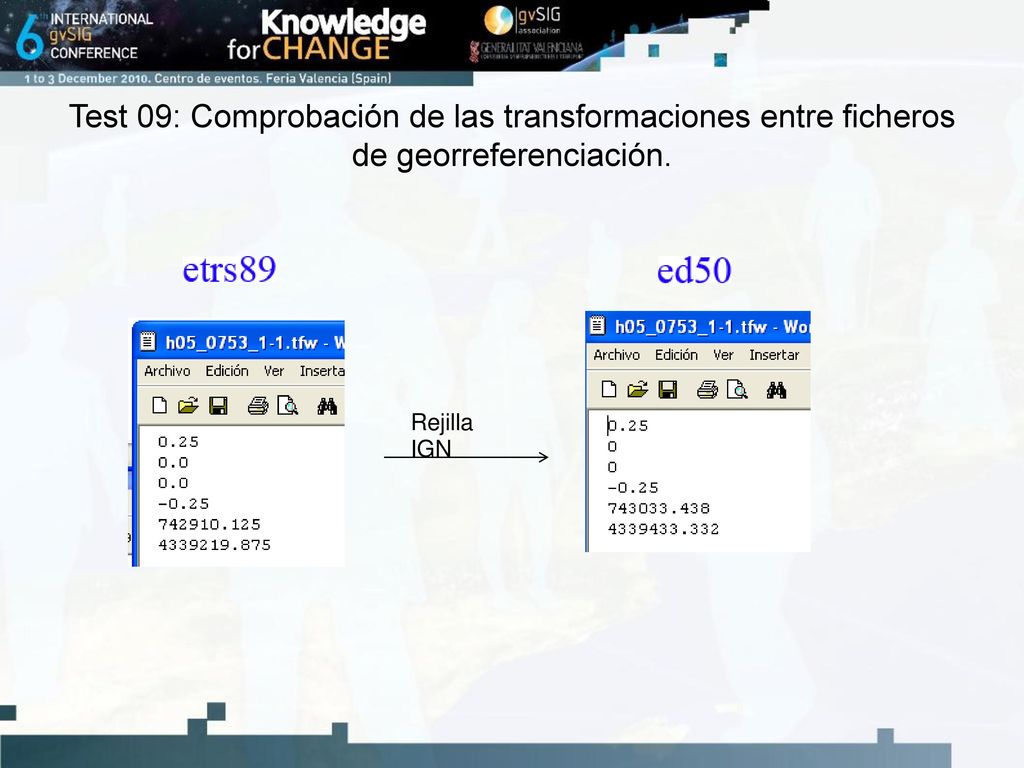 Test 09: Comprobación de las transformaciones entre ficheros de georreferenciación.
