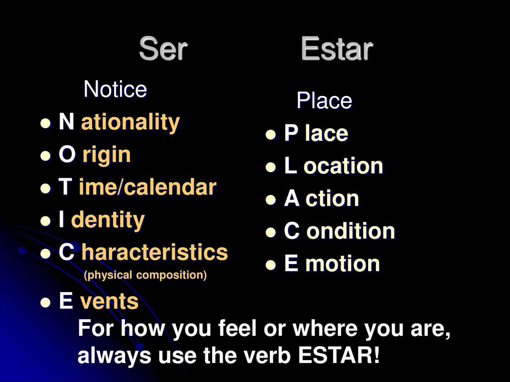 Ser Estar Place Notice P lace N ationality L ocation O rigin A ction