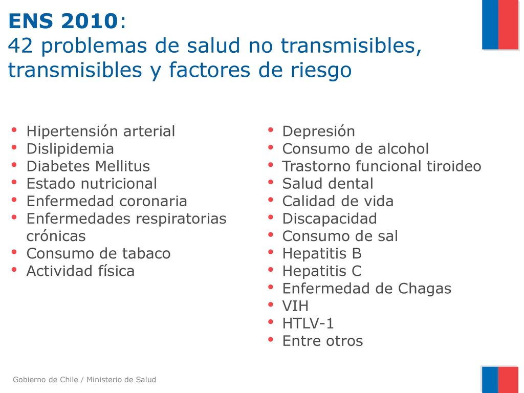 ENS 2010: 42 problemas de salud no transmisibles, transmisibles y factores de riesgo