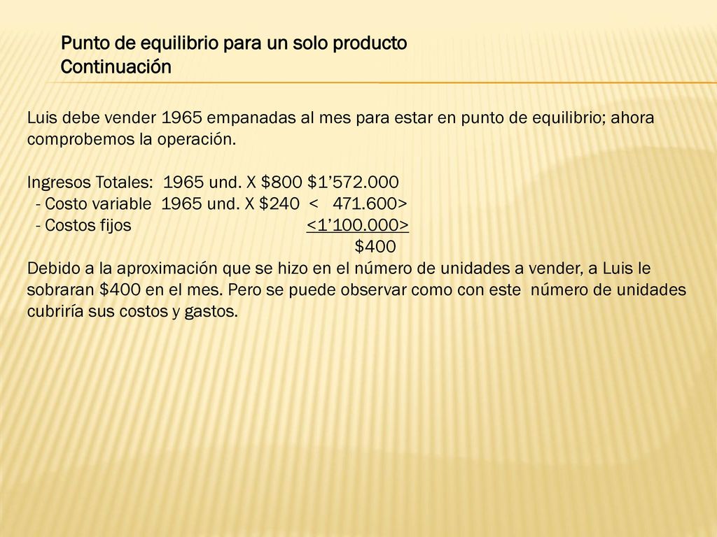 Punto de equilibrio para un solo producto Continuación