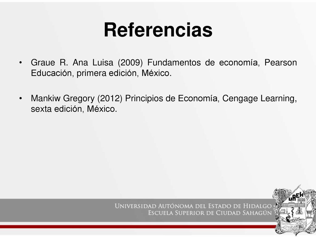 Referencias Graue R. Ana Luisa (2009) Fundamentos de economía, Pearson Educación, primera edición, México.