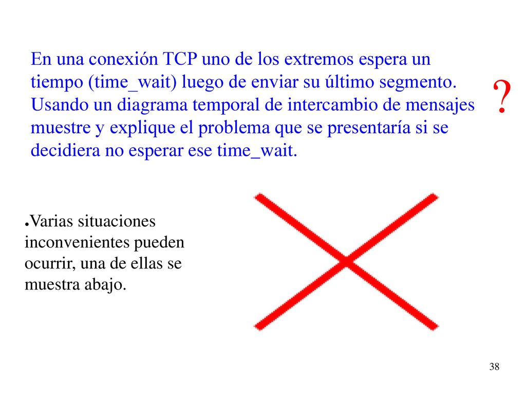 En una conexión TCP uno de los extremos espera un tiempo (time_wait) luego de enviar su último segmento. Usando un diagrama temporal de intercambio de mensajes muestre y explique el problema que se presentaría si se decidiera no esperar ese time_wait.