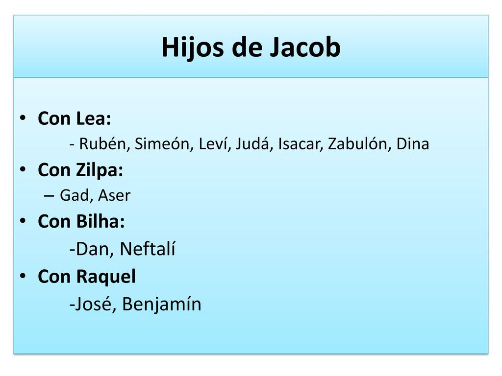 Hijos de Jacob Con Lea: Con Zilpa: Con Bilha: -Dan, Neftalí Con Raquel