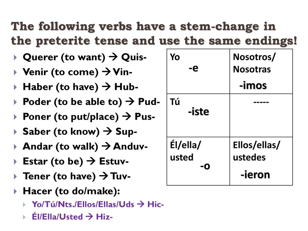 The following verbs have a stem-change in the preterite tense and use the same endings!