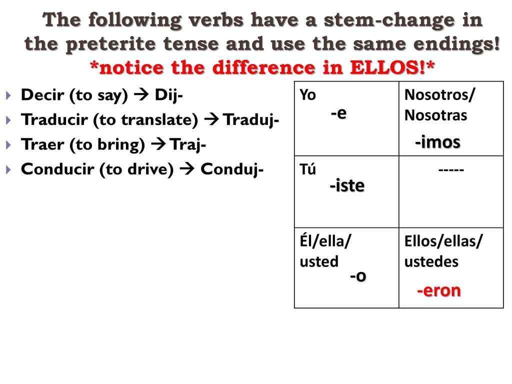 The following verbs have a stem-change in the preterite tense and use the same endings! *notice the difference in ELLOS!*