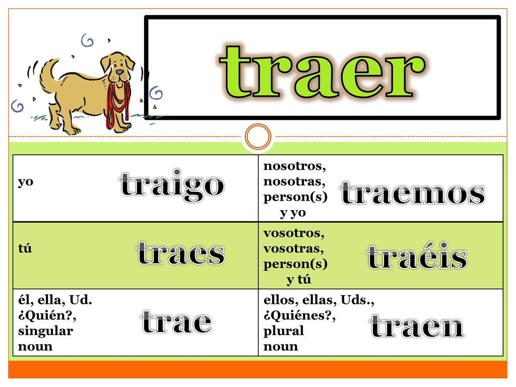traer to bring traigo traemos traes traéis trae traen yo nosotros,