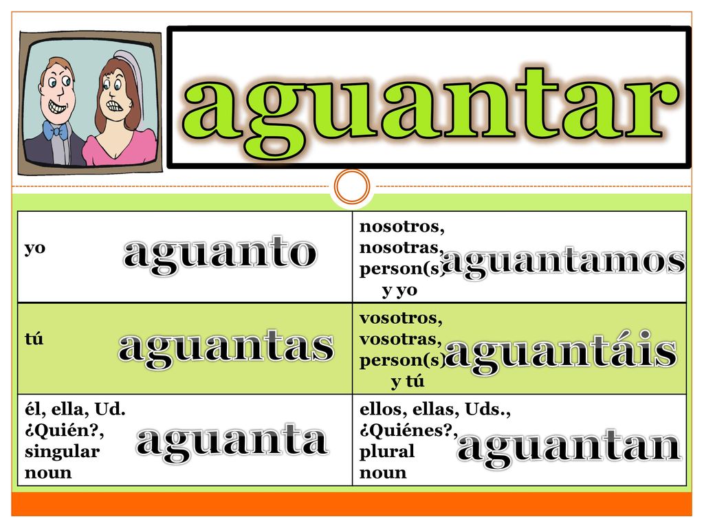 aguantar to tolerate, put up with aguanto aguantas aguantáis aguanta