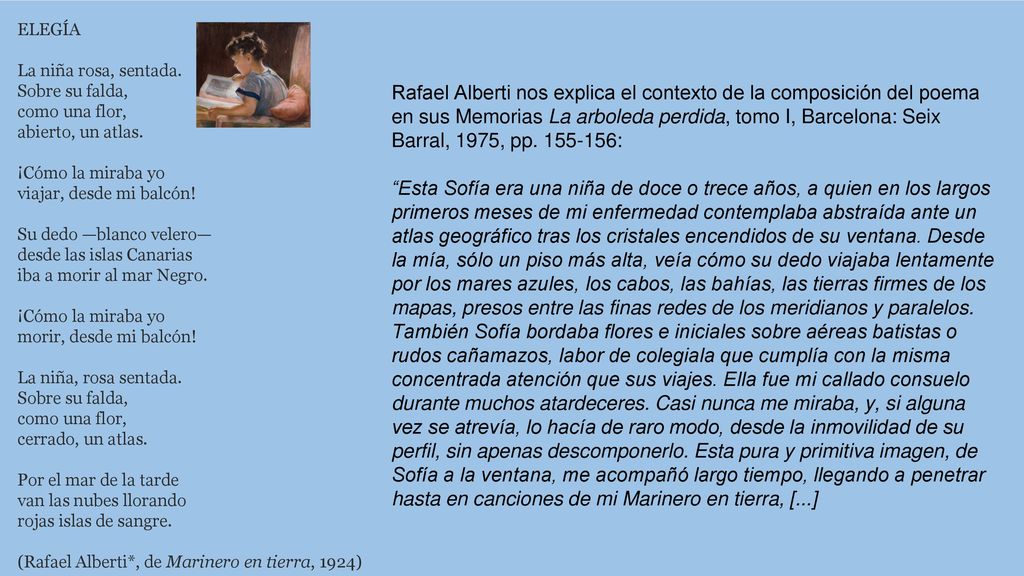 ELEGÍA La niña rosa, sentada. Sobre su falda, como una flor, abierto, un atlas. ¡Cómo la miraba yo.