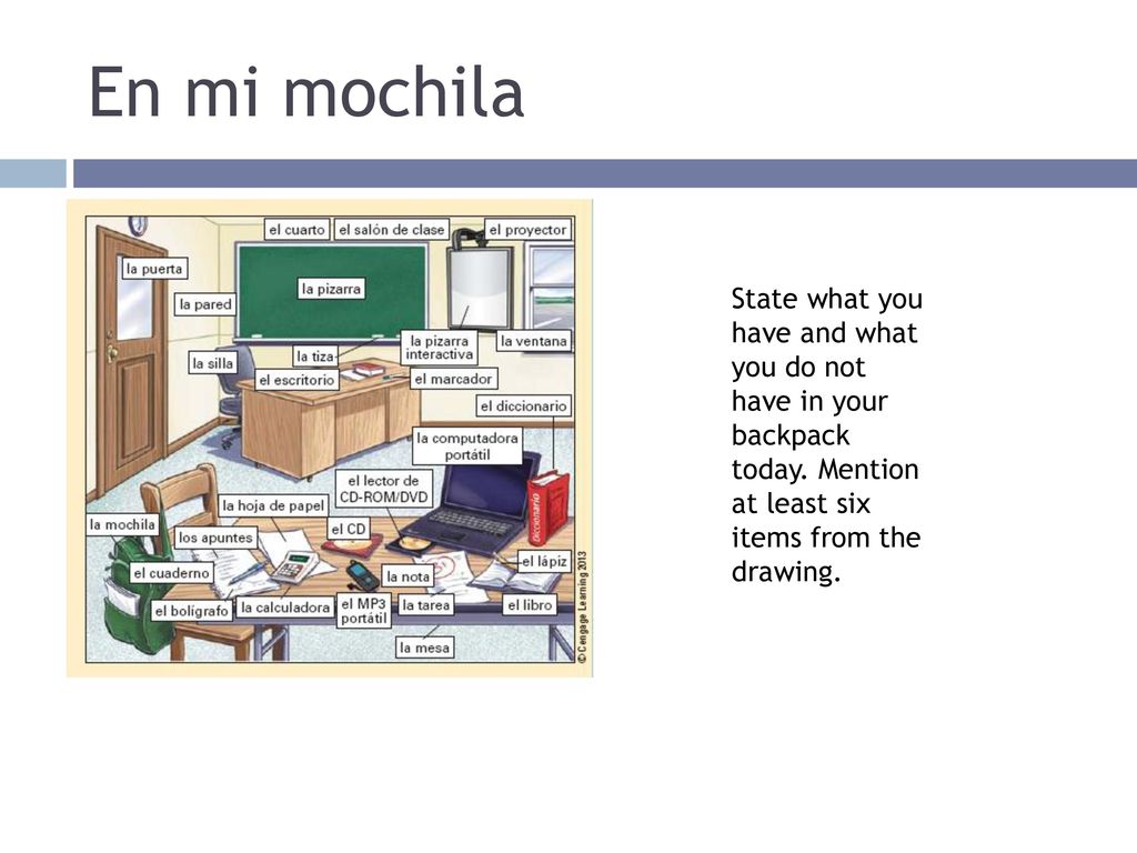 En mi mochila State what you have and what you do not have in your backpack today. Mention at least six items from the drawing.