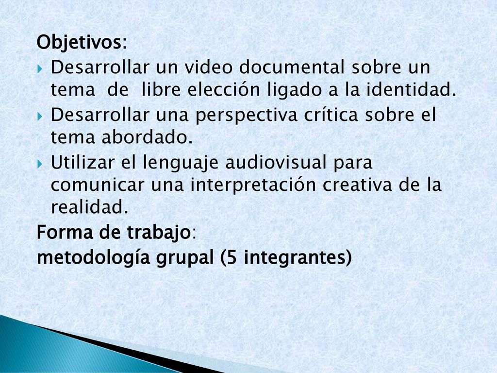 Objetivos: Desarrollar un video documental sobre un tema de libre elección ligado a la identidad.