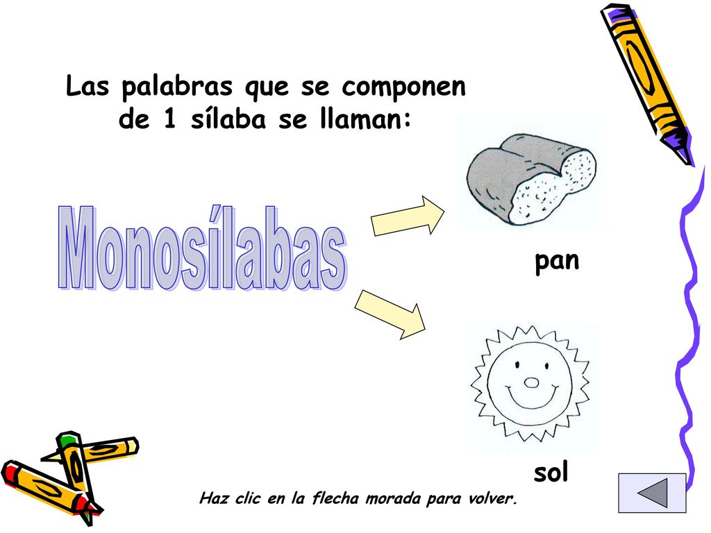 Monosílabas Las palabras que se componen de 1 sílaba se llaman: pan