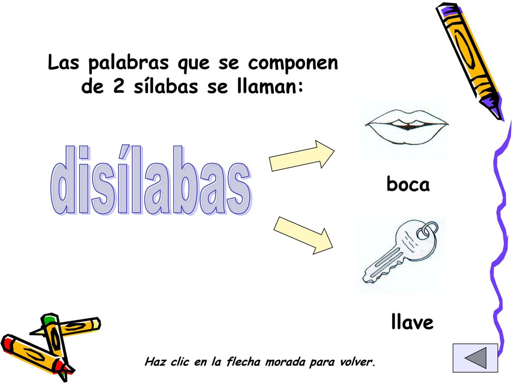 disílabas Las palabras que se componen de 2 sílabas se llaman: boca