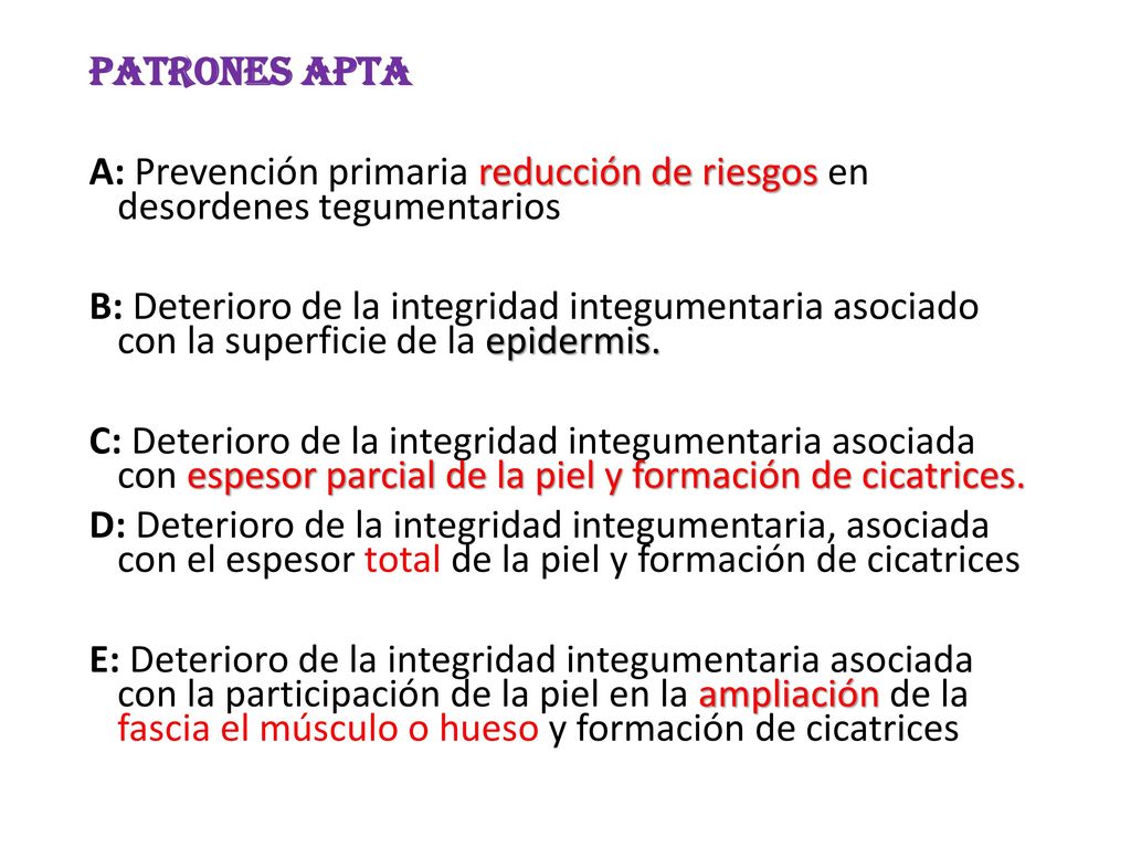 Patrones APTA A: Prevención primaria reducción de riesgos en desordenes tegumentarios.