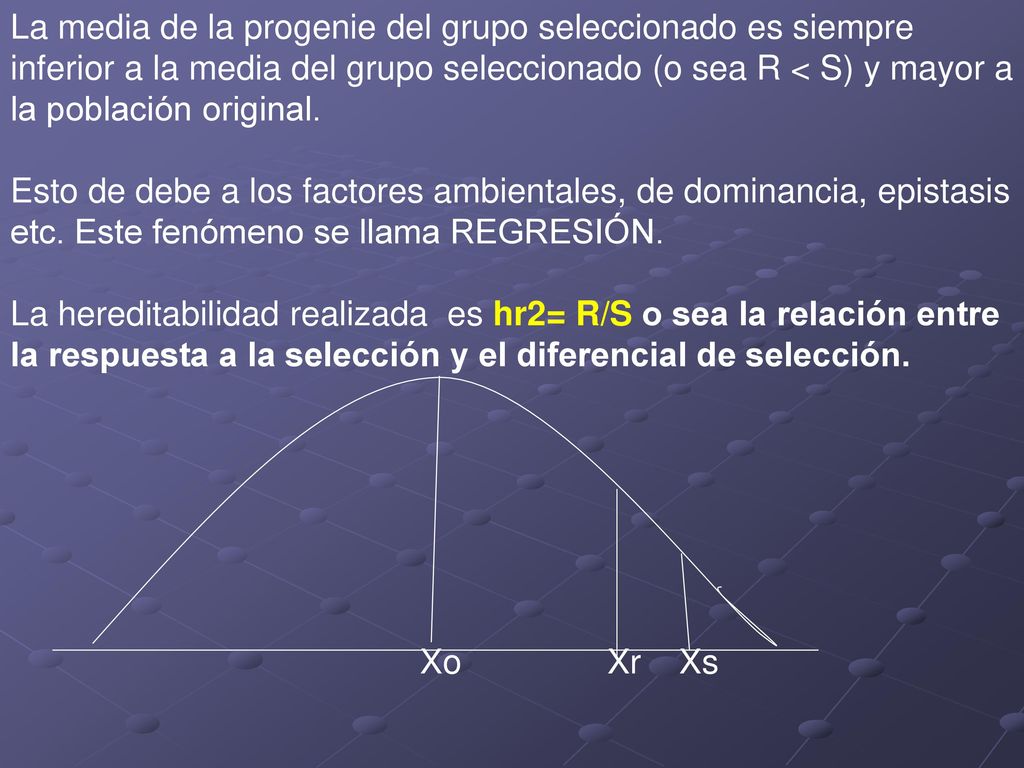 La media de la progenie del grupo seleccionado es siempre inferior a la media del grupo seleccionado (o sea R < S) y mayor a la población original.