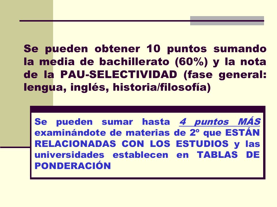 Se pueden obtener 10 puntos sumando la media de bachillerato (60%) y la nota de la PAU-SELECTIVIDAD (fase general: lengua, inglés, historia/filosofía)