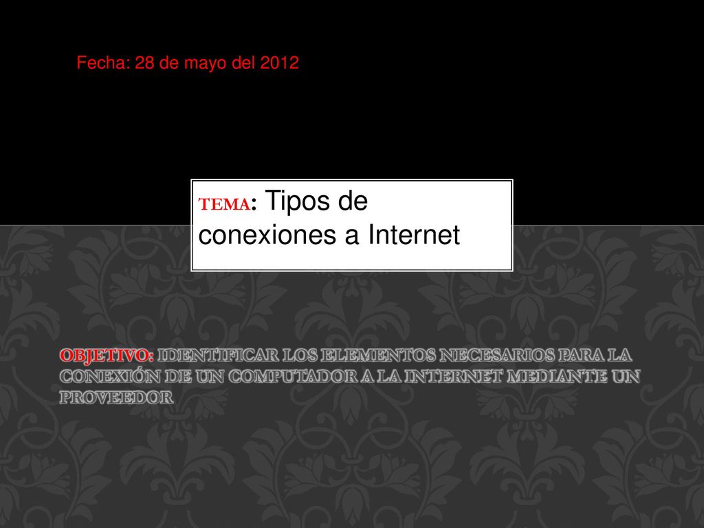 Fecha: 28 de mayo del 2012 Tema: Tipos de conexiones a Internet.