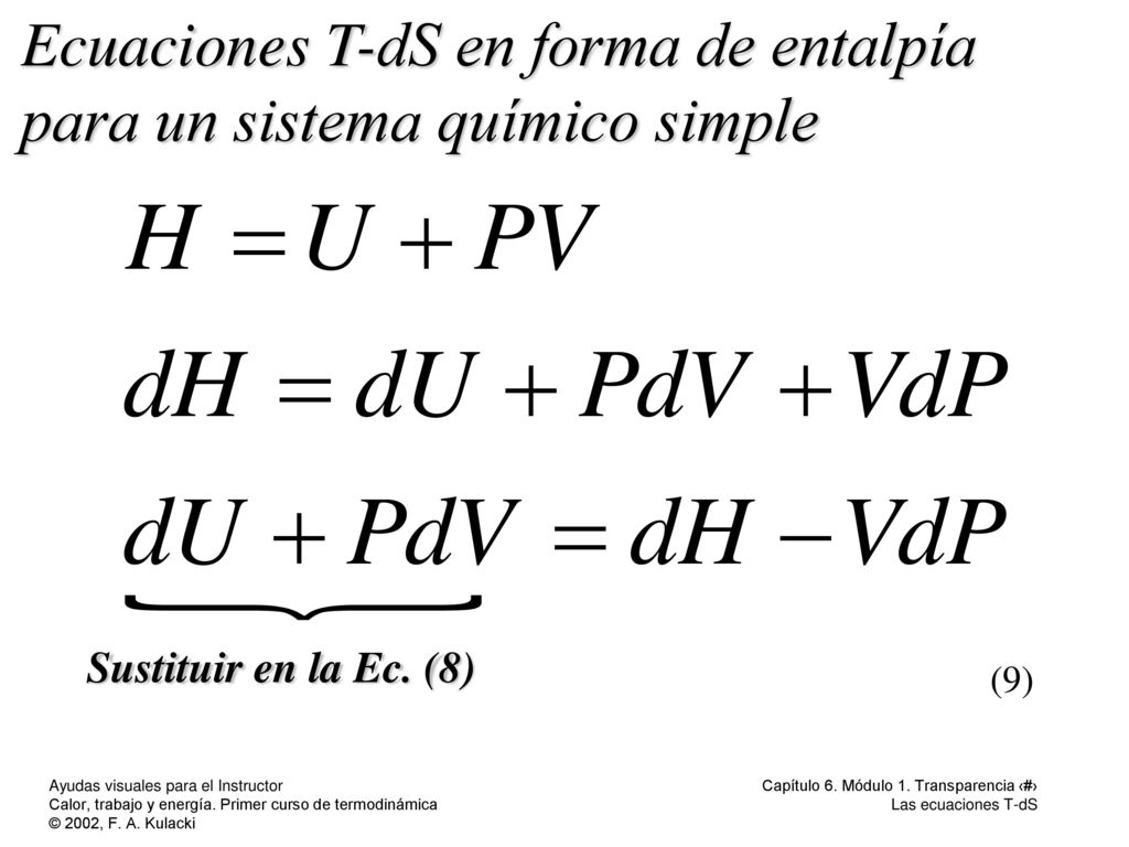 Ecuaciones T-dS en forma de entalpía para un sistema químico simple