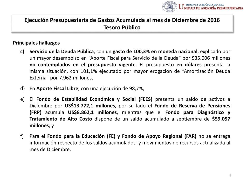 Ejecución Presupuestaria de Gastos Acumulada al mes de Diciembre de 2016 Tesoro Público