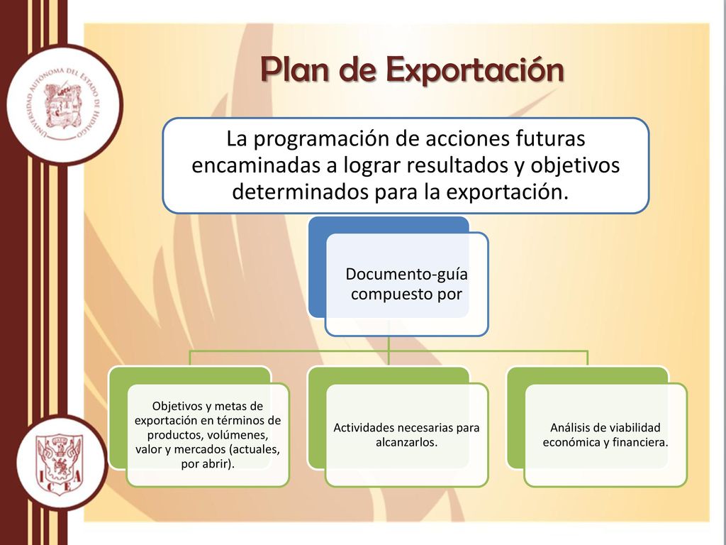 Plan de Exportación La programación de acciones futuras encaminadas a lograr resultados y objetivos determinados para la exportación.
