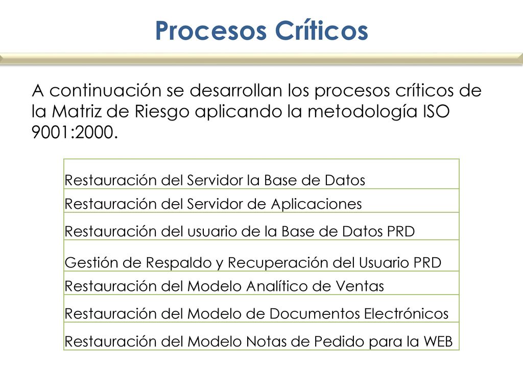 Procesos Críticos A continuación se desarrollan los procesos críticos de la Matriz de Riesgo aplicando la metodología ISO 9001:2000.