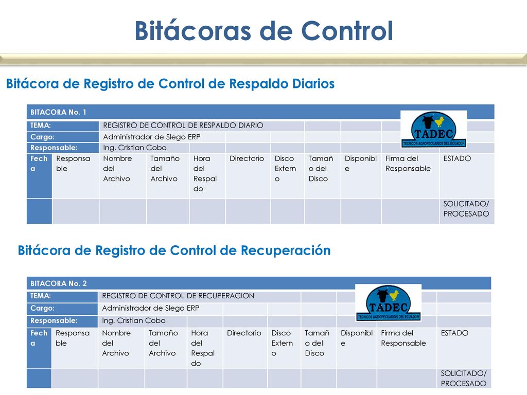 Bitácoras de Control Bitácora de Registro de Control de Respaldo Diarios. BITACORA No. 1. TEMA: REGISTRO DE CONTROL DE RESPALDO DIARIO.