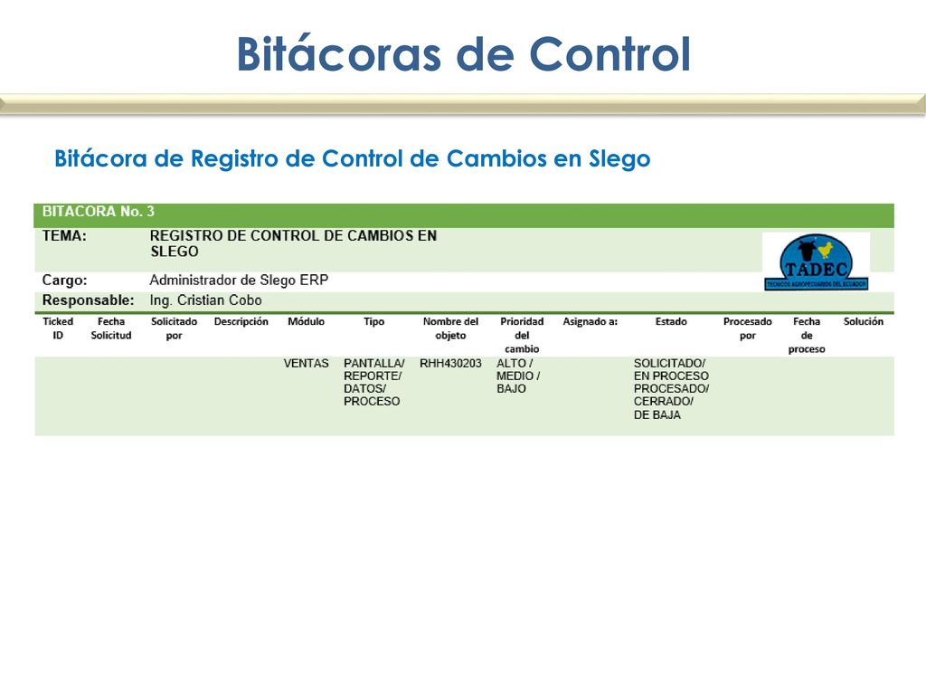 Bitácoras de Control Bitácora de Registro de Control de Cambios en Slego.