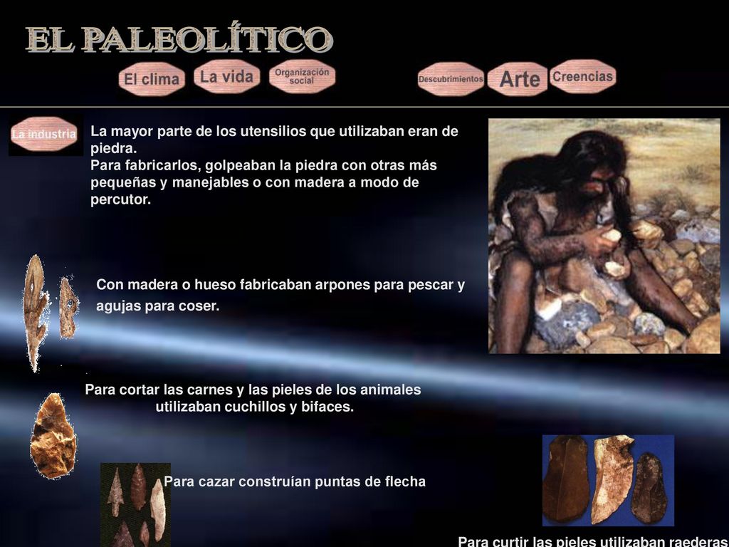 EL PALEOLÍTICO La mayor parte de los utensilios que utilizaban eran de piedra.