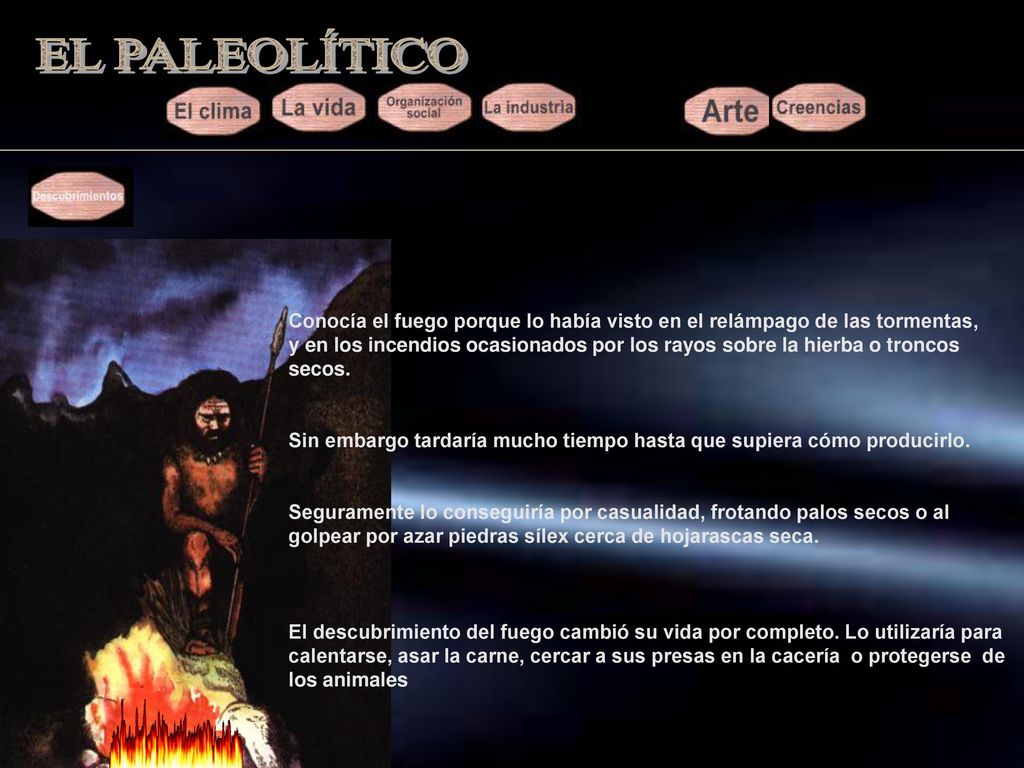 EL PALEOLÍTICO Conocía el fuego porque lo había visto en el relámpago de las tormentas,
