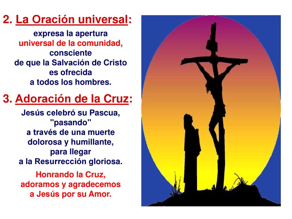 2. La Oración universal: 3. Adoración de la Cruz: expresa la apertura