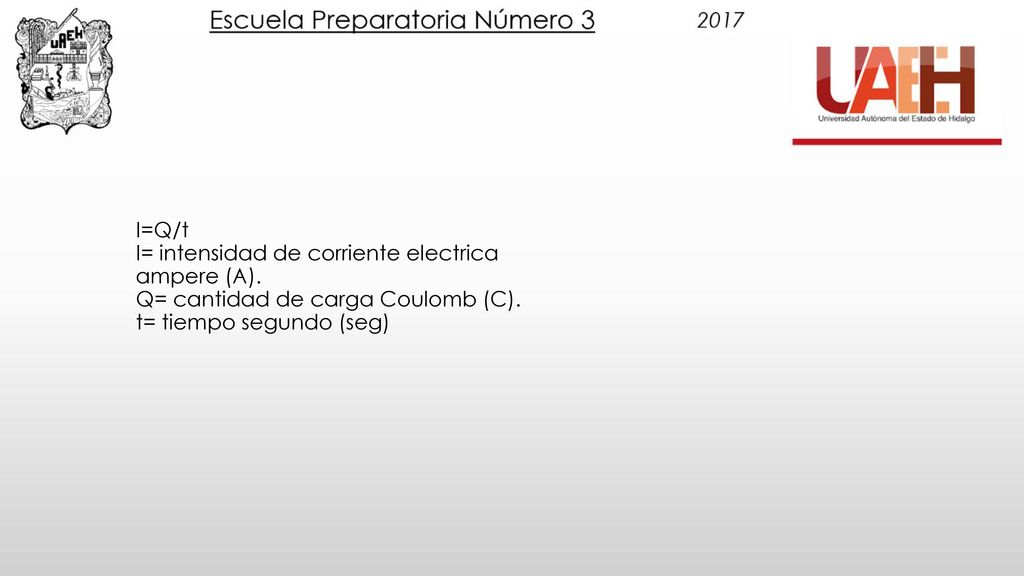 I=Q/t I= intensidad de corriente electrica ampere (A)