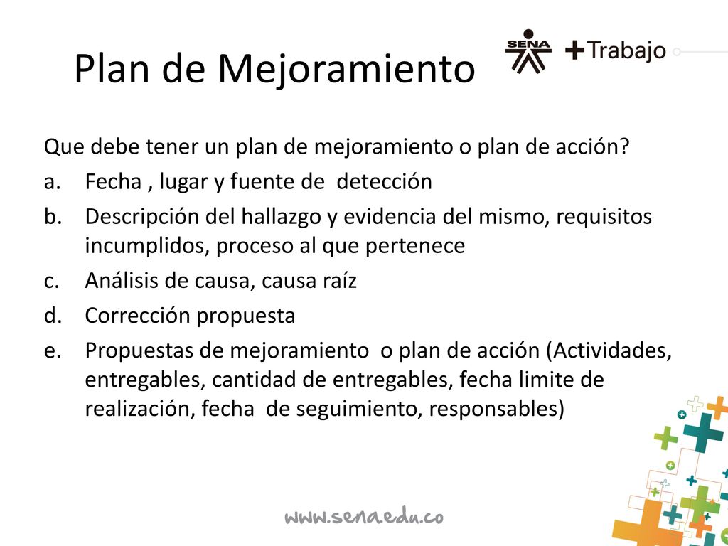 Plan de Mejoramiento Que debe tener un plan de mejoramiento o plan de acción Fecha , lugar y fuente de detección.
