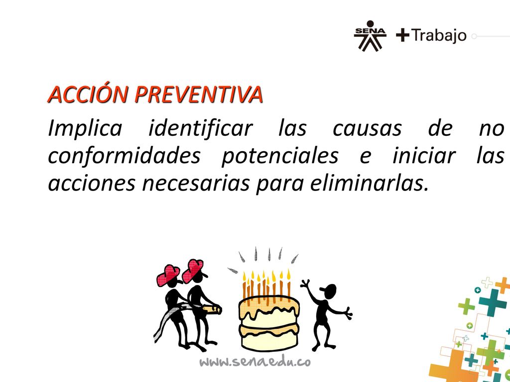 ACCIÓN PREVENTIVA Implica identificar las causas de no conformidades potenciales e iniciar las acciones necesarias para eliminarlas.