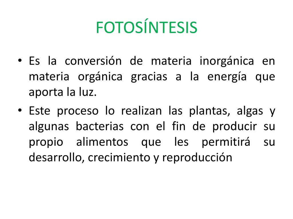 FOTOSÍNTESIS Es la conversión de materia inorgánica en materia orgánica gracias a la energía que aporta la luz.