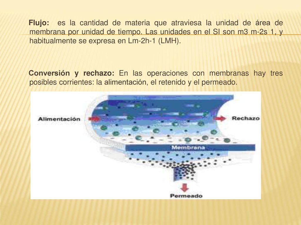 Flujo: es la cantidad de materia que atraviesa la unidad de área de membrana por unidad de tiempo. Las unidades en el SI son m3 m-2s 1, y habitualmente se expresa en Lm-2h-1 (LMH).