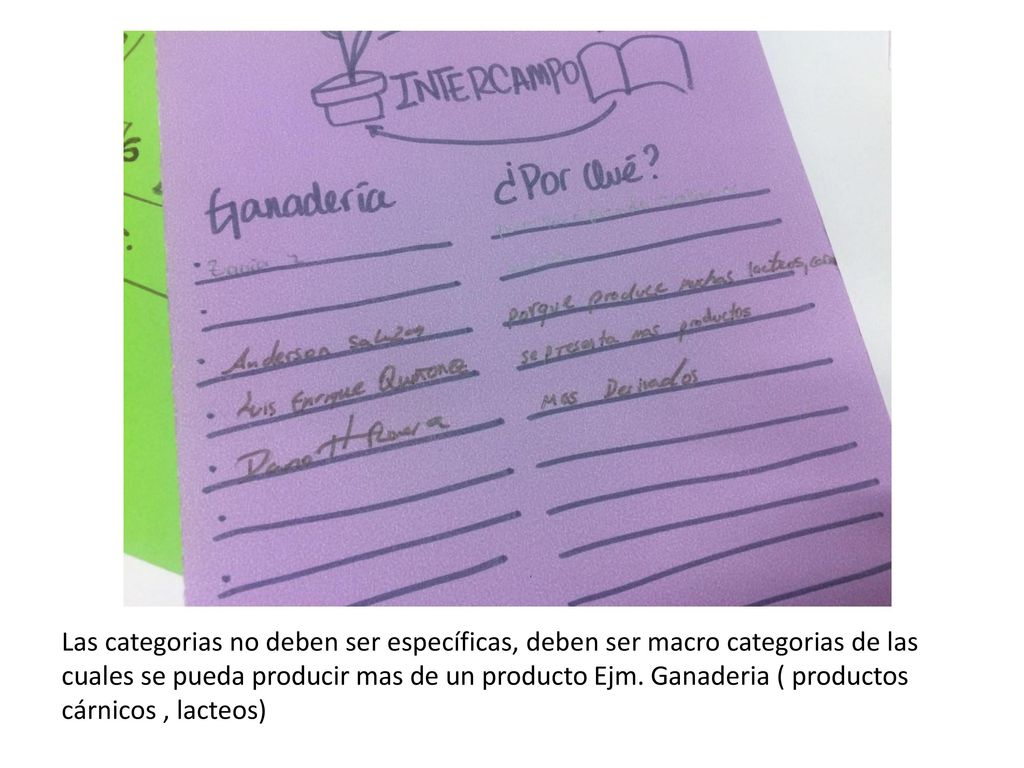 Las categorias no deben ser específicas, deben ser macro categorias de las cuales se pueda producir mas de un producto Ejm.