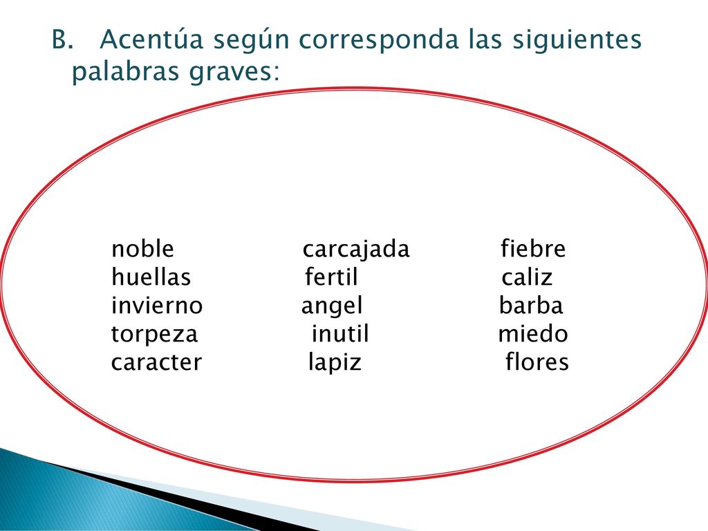 B. Acentúa según corresponda las siguientes palabras graves: