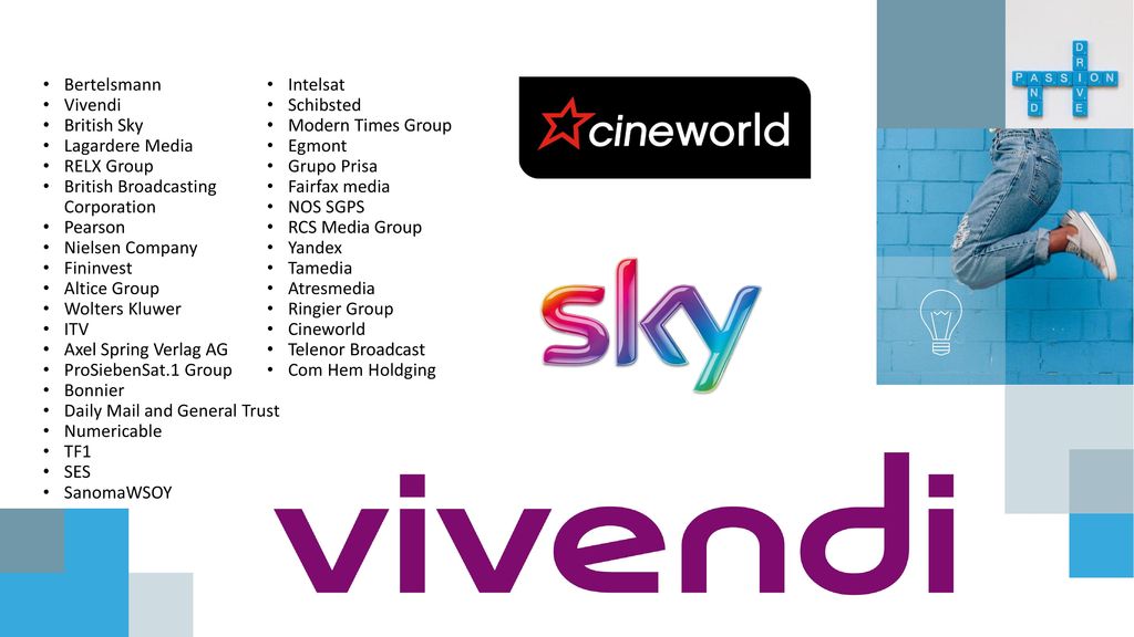 Bertelsmann Vivendi. British Sky. Lagardere Media. RELX Group. British Broadcasting Corporation.