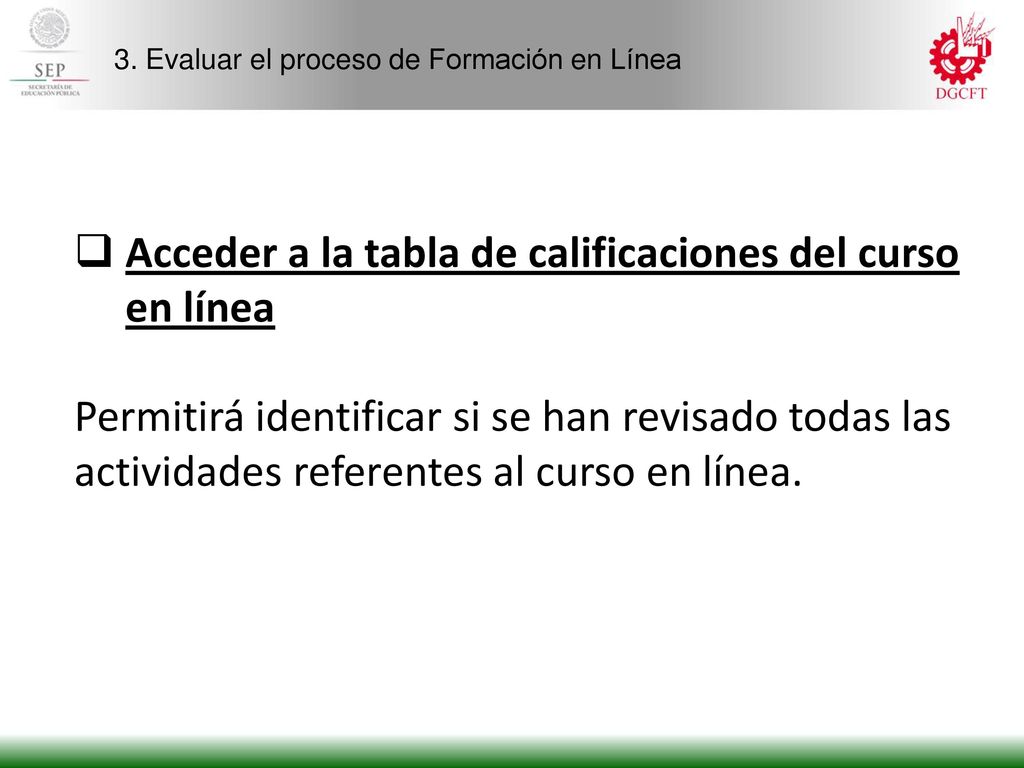 Acceder a la tabla de calificaciones del curso en línea