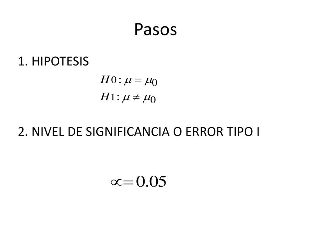 Pasos 1. HIPOTESIS 2. NIVEL DE SIGNIFICANCIA O ERROR TIPO I