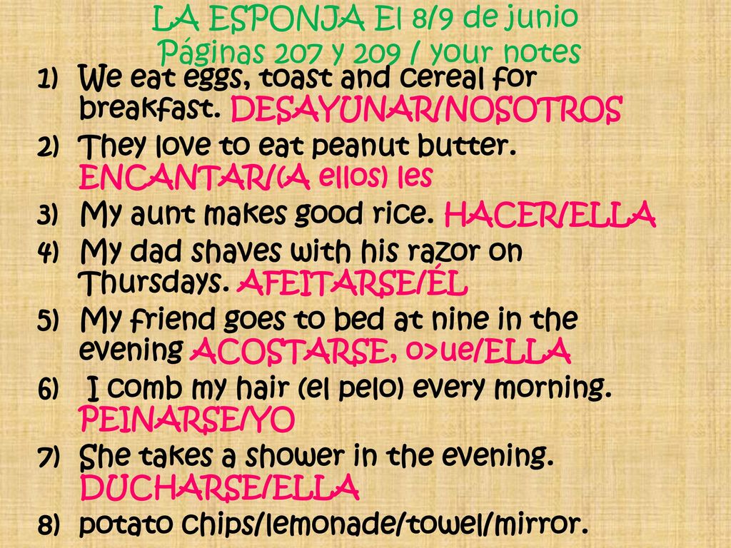 LA ESPONJA El 8/9 de junio Páginas 207 y 209 / your notes