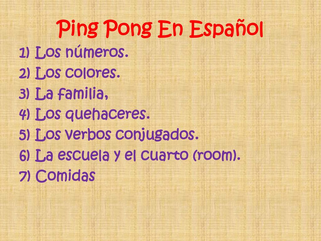 Ping Pong En Español Los números. Los colores. La familia,