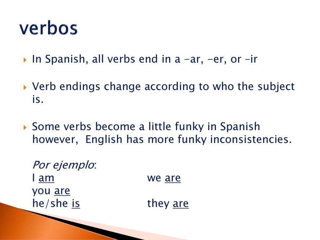 verbos In Spanish, all verbs end in a -ar, -er, or –ir