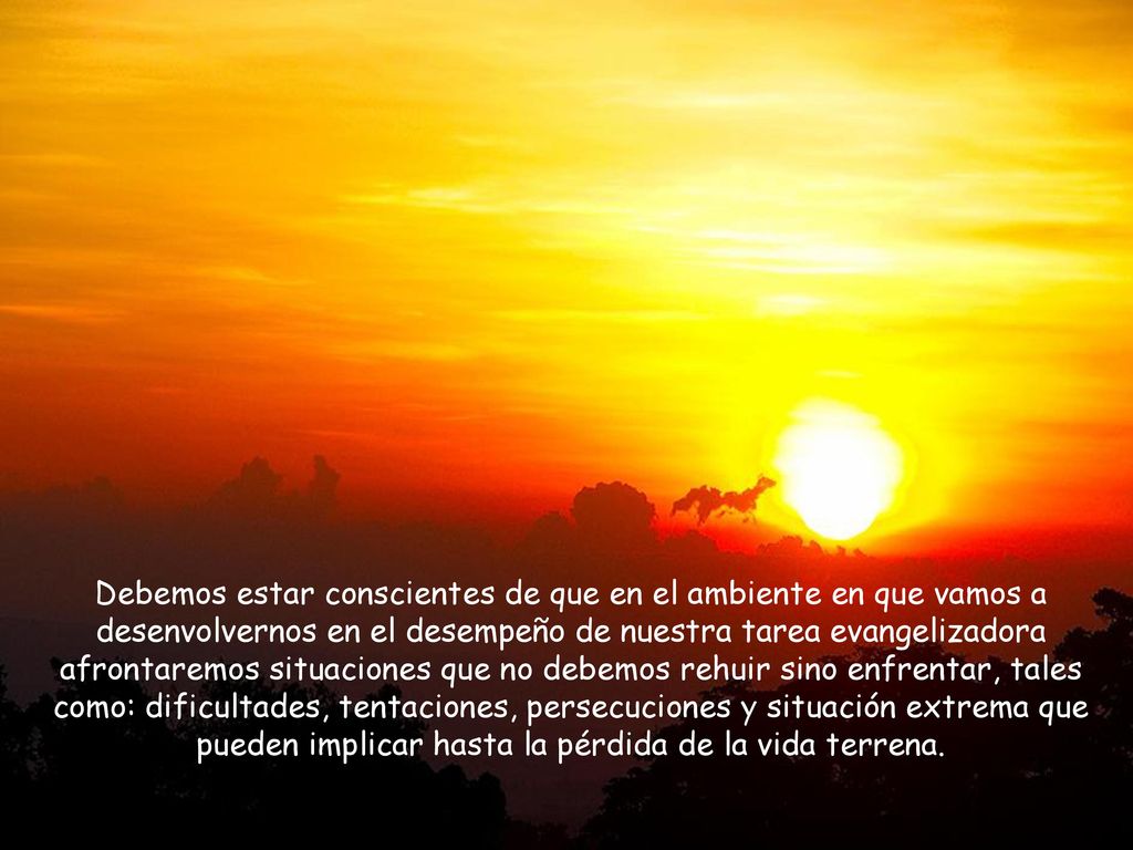 Debemos estar conscientes de que en el ambiente en que vamos a desenvolvernos en el desempeño de nuestra tarea evangelizadora afrontaremos situaciones que no debemos rehuir sino enfrentar, tales como: dificultades, tentaciones, persecuciones y situación extrema que pueden implicar hasta la pérdida de la vida terrena.