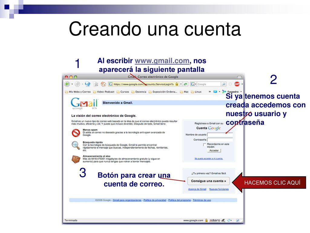 Creando una cuenta Al escribir   nos aparecerá la siguiente pantalla. 1.