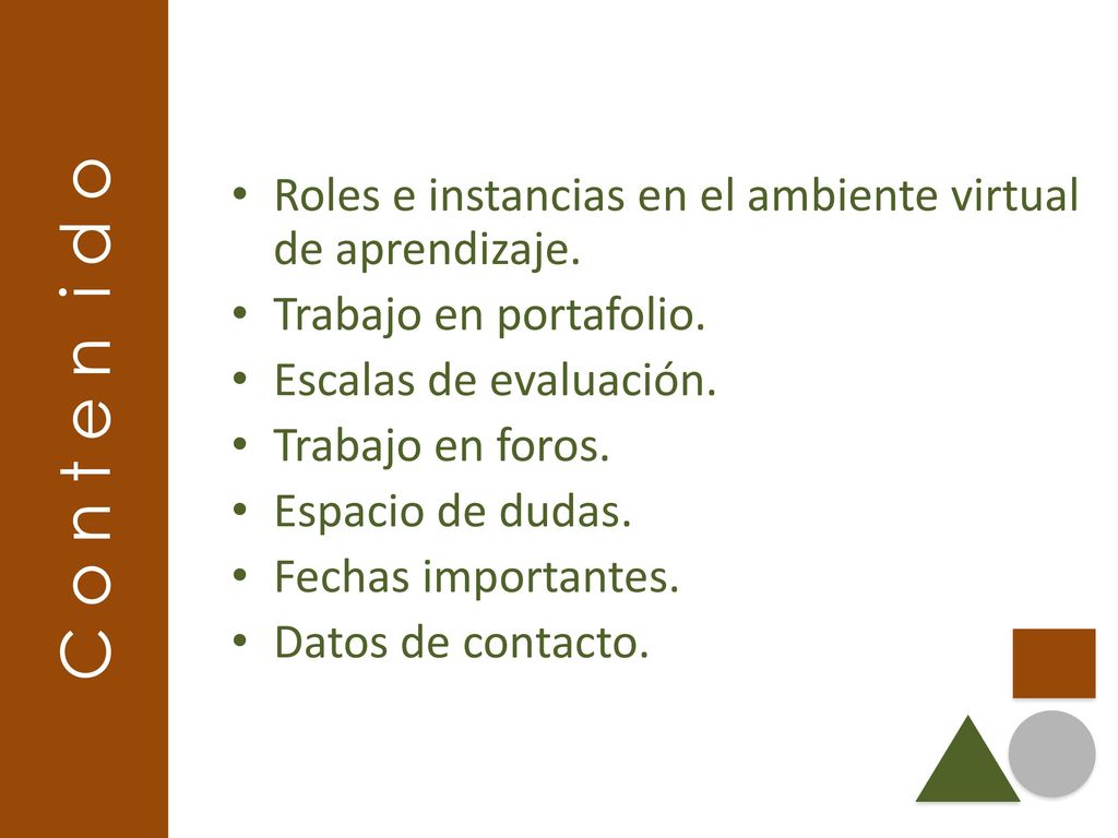 C o n t e n i d o Roles e instancias en el ambiente virtual de aprendizaje. Trabajo en portafolio.