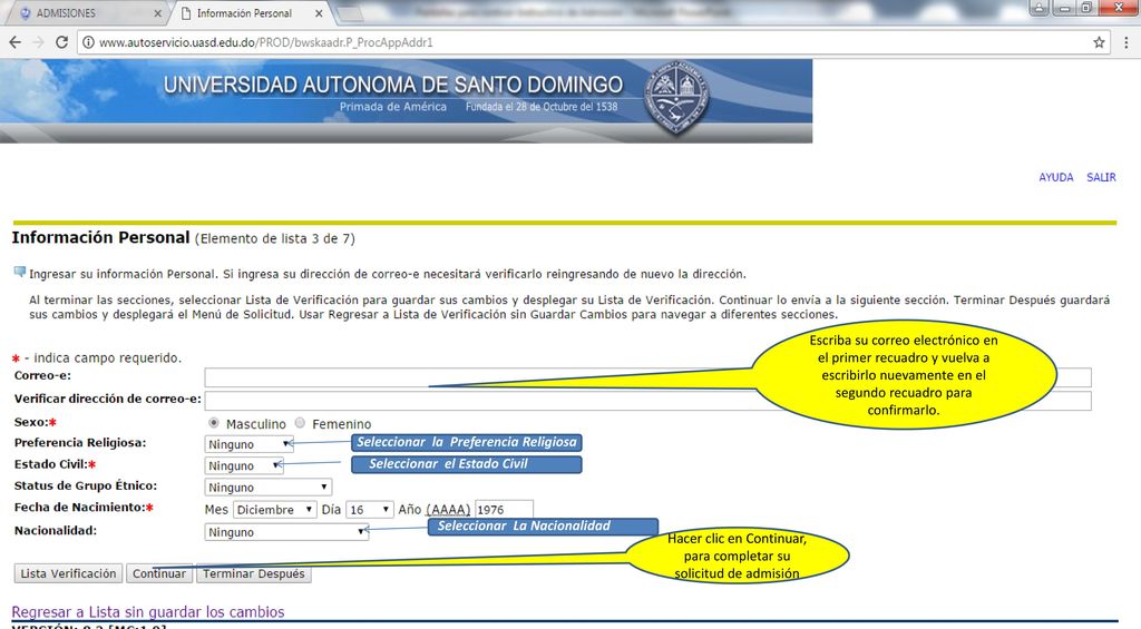 Hacer clic en Continuar, para completar su solicitud de admisión